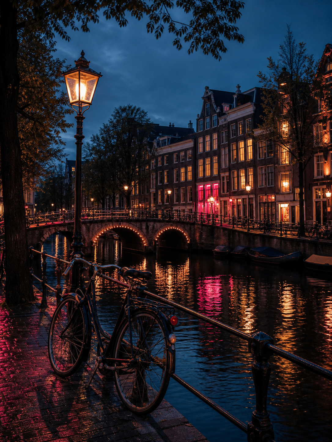 Amsterdam canal at night with bicycles and historic canal houses